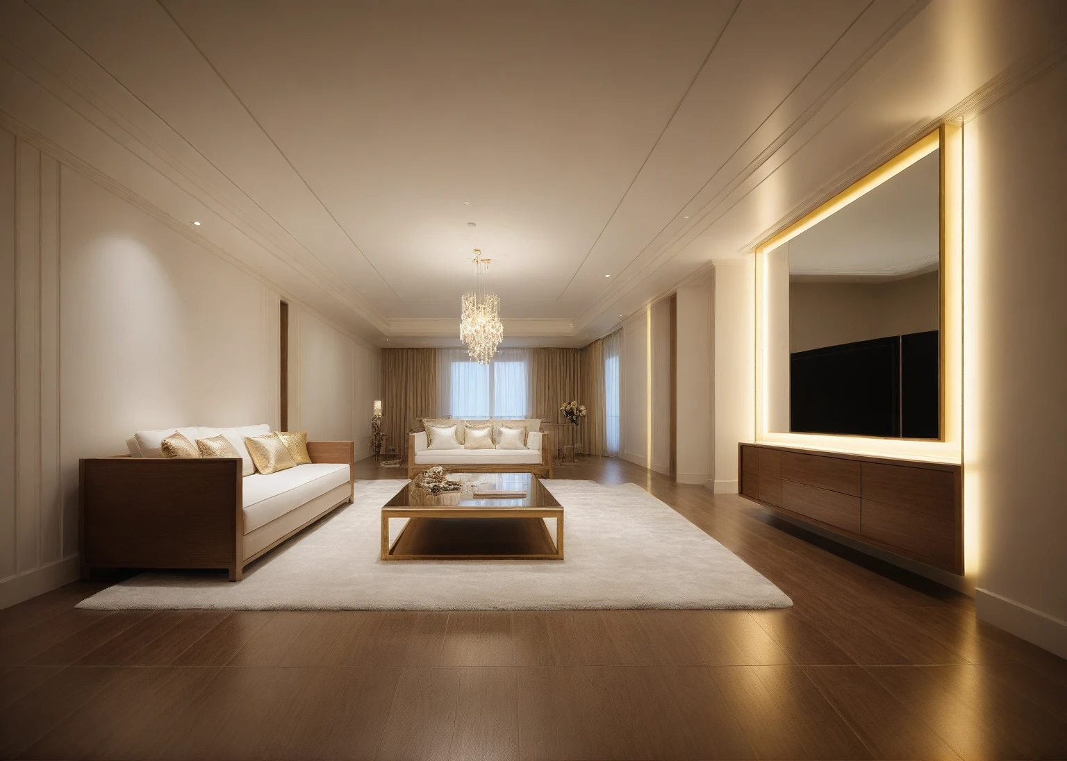 ,Masterpiece, Best quality,8K, Ultra-high resolution,When you step into the (living: 1.1) ,Immediately surrounded by a rich atmosphere of luxury. The space was covered with a soft white fluffy blanket,It is so comfortable,So much so that you can't help but indulge in it。Embellished with precious porcelain and white-off gold ornaments。Whenever it is late afternoon,The afterglow from the window spilled on the floor,Soft light and shadow are reflected,It was as if entering a dreamland. ((Wooden chair and table : 1.3)), ((COLUMN MIRROR : 1.3))