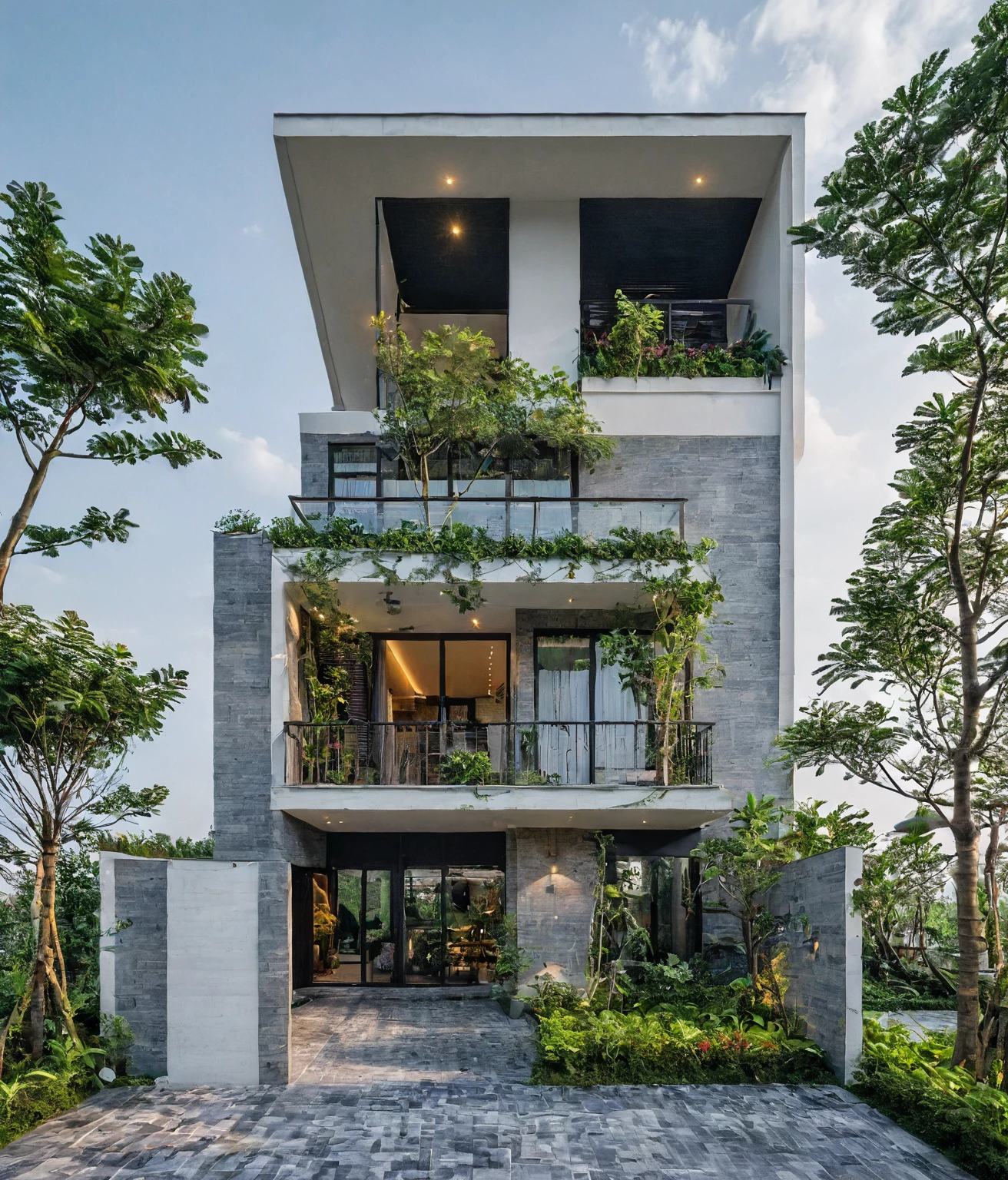 modern villa, modern style, ventilation tiles open space loft villa with roof garden, modern, dynamic (RAW photo, real, best quality, masterpiece:1.2), (hyper realistic, photo-realistic:1.2), high quality, (dark lighting:1.2), perfect lighting, archdaily, architecture digest award wining sustainable architecture, cinematic