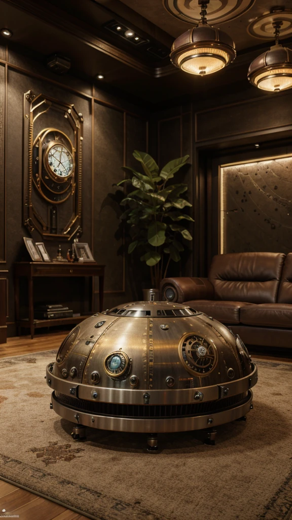 An organic steampunk mechanical sci-fi UFO sitting on the living room floor with modern planted carpet, modern interior decoration, high quality photos, Ultra-high resolution, (Realistic:1.4), theater lighting, Extremely detailed, Surreal, fine details, Octane Rendering