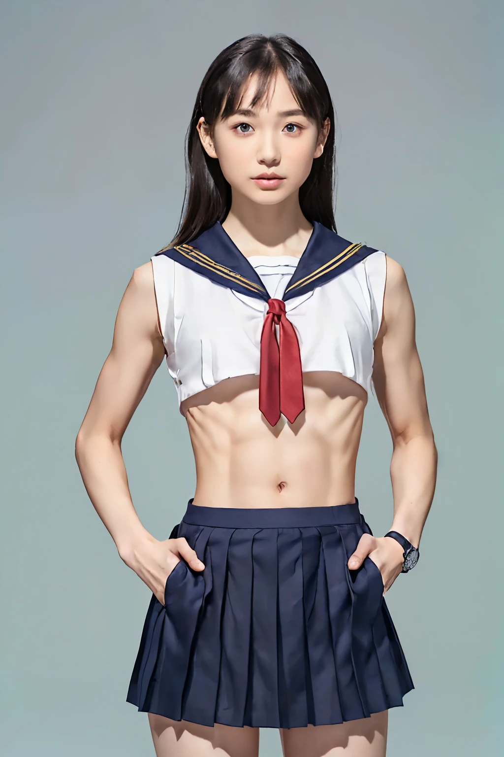 ((Highest quality)), ((masterpiece)), (Realistic details,Tabletop:1.0,High resolution:1.2,Realistic:1.4,8K, RAW Photos:1.2),((Very small breasted Japanese women:1.25)), (Detailed, beautiful and symmetrical pupils:1.6),Detailed face of a 19-year-old idol with a youthful face and beautiful light makeup:1.23,(slightly thin eyebrows:1.23),(Straight black hair with bangs:1.3),(Detailed fair skin:1.23),((Going to school on a plain background:1.45)),((Frontal head to knee shot:1.4,Sexy walking in the center:1.45),Spotlight from below:1.1,(((Simple sleeveless sailor suit:1.2,Red tie,Super tight and super short, fitting perfectly with a very small chest, with abs and belly button exposed:1.9,Super short simple pleated mini skirt:1.74,Thin Lycra fabric:1.6))),(((Very small breasts:1.88))),(( Fine abdominal muscles:1.45)),(((A very slender, well-trained body:1.7))),(Short torso:1.3),(Broad shoulders:1.3),(Narrow waist:1.4),(Trained little buttocks:1.2),(Muscular limbs:1.3),(Very thin thighs and bare legs:1.45),(The hip bones are visible:1.3),(Wearing a watch:1.2),