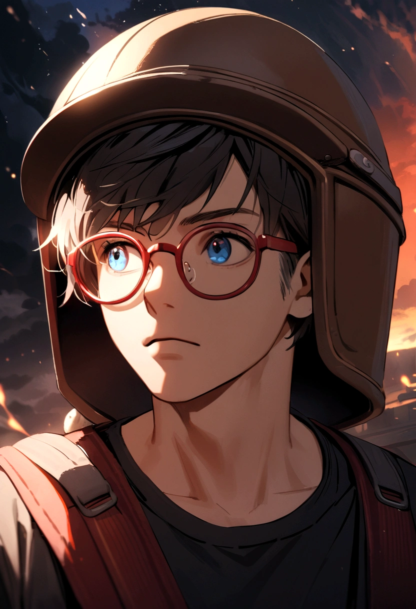 The boy wore a brown helmet with red rim, blue eyes, black-rimmed glasses, a black tank top, a red long-sleeved shirt, and a black backpack.