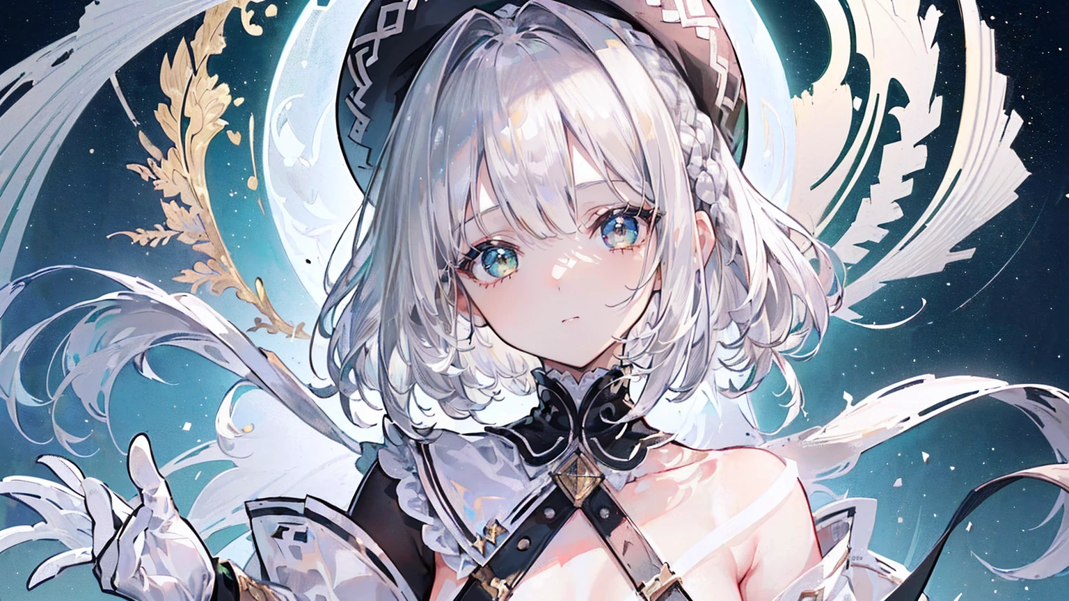 (Super detailed)),((illustration))，((masterpiece)),(((need))),((fine、Highest quality CG Unity 8K wallpapers，masterpiece），（（4K，masterpiece，best quality）），Girl with short silver hair，hair strand，expressive hair，Braids，Gold and silver heterochromatic eyes，flat chest，Silver sun hat，White gloves，Black beret，Green and black painter&#39;s costume，Monocle，Put some paint on your face，Black shoes，In a simple green house，The walls are covered with my own paintings and mirrors，Holding the mirror with your hand，Show yourself in the mirror，Dying，Overworked，individual，Full body picture