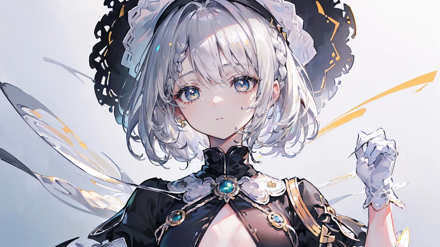 (Super detailed)),((illustration)),((masterpiece)),(((need))),((fine、Highest quality CG Unity 8K wallpapers,masterpiece),((4K,masterpiece,best quality)),Girl with short silver hair,hair strand,expressive hair,Braids,Gold and silver heterochromatic eyes,flat chest,Silver sun hat,White gloves,Black beret,Green and black painter's costume,Monocle,Put some paint on your face,Black shoes,In a simple green house,The walls are covered with my own paintings and mirrors,Holding the mirror with your hand,Show yourself in the mirror,Dying,Overworked,individual,Full body picture