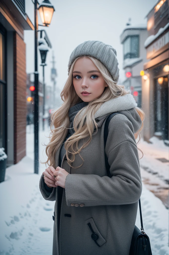 professional photography of a beautiful norwegian girl in winter clothes with long wavy blonde hair, sensual and seductive look, beautiful symmetrical face, beautiful natural makeup, wearing chic warm winter fashion clothing, ((standing outside on the snowy city street)), impressive modern urban environment, ultra realistic, conceptual artwork, chic, highy detailed, intricate, sharp focus, Depth of field, f/1. 8, 85 mm, medium shot, mid shot, (((professional color grading))), soft and bright diffused light, (Volumetric fog), Trends on Instagram, HD 4k, 8K