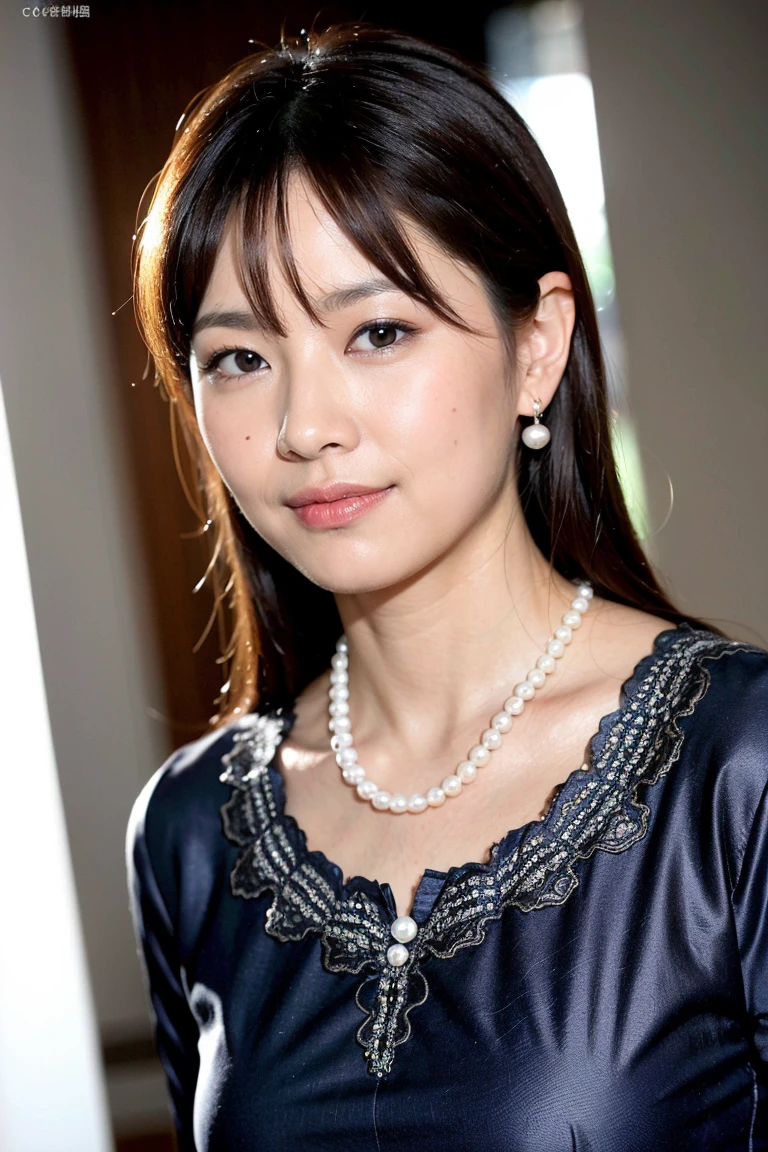 ((8K、High resolution、Highest quality、High resolution)))、alone、Natural body shape、White skin、Natural Makeup、((Hime cut))、((Cobalt Blue Casual Dress))、(Pearl Necklace、Pearl Earrings)、Looking into the camera、bangs、Head to shin portrait、(Thighs)、smile