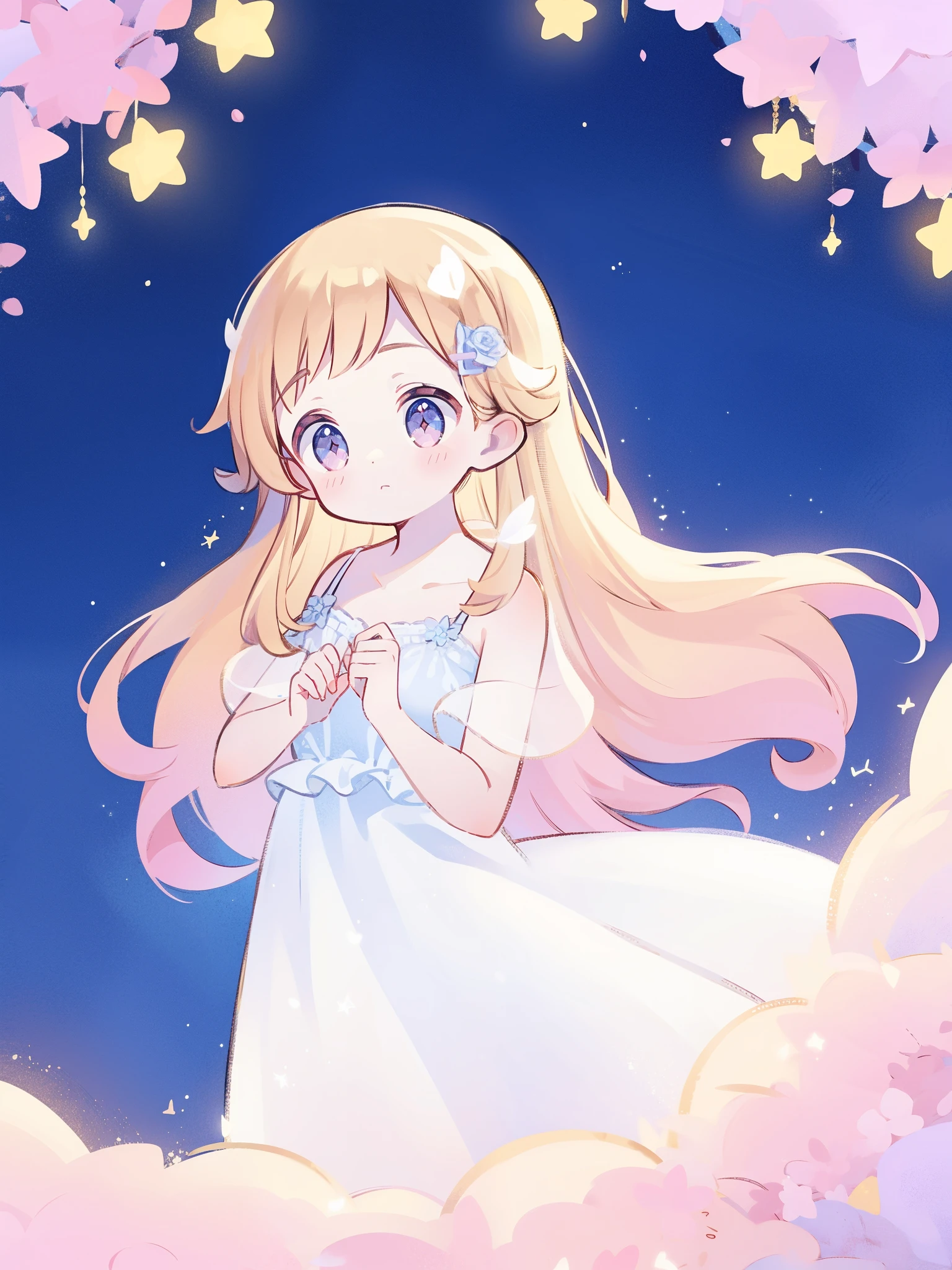 angel girl wearing an ethereal translucent dress, pale skin and light pink hair, white feathers, angel wings, sparkling detailed eyes, golden ratio face, perfect composition, highly detailed, ethereal, (starry night sky background), midjourney style