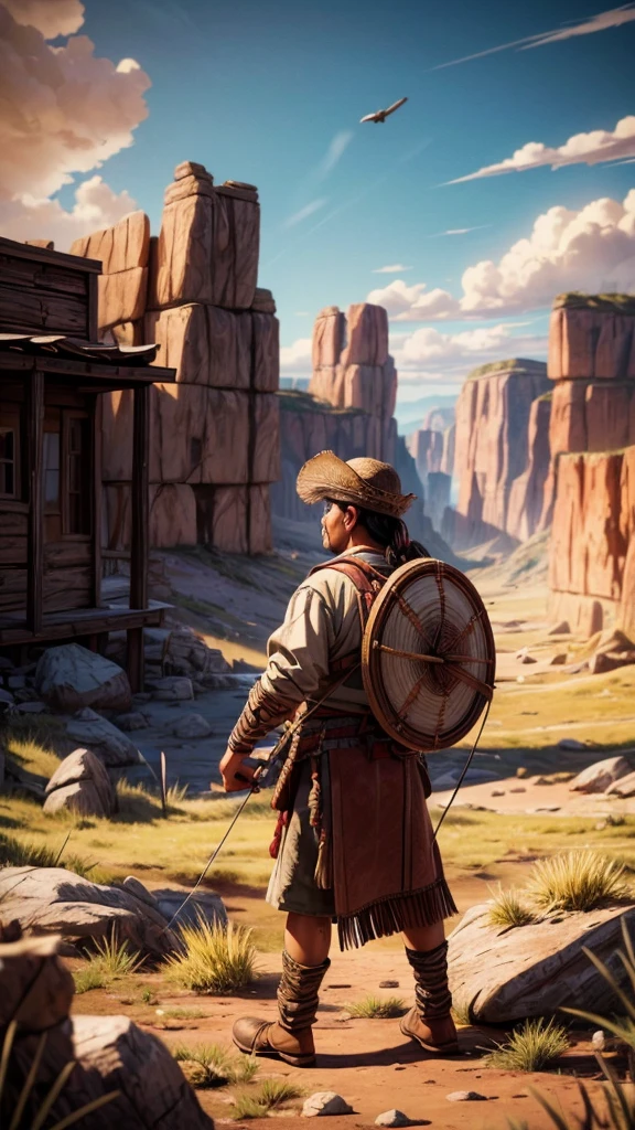 a native american archer in the wilderness, aiming bow and arrow at prey, wild west era, realistic, photorealistic, 8k, highly detailed, dramatic lighting, cinematic, warm color tones, dramatic composition, rugged landscape, dramatic sky, epic scale