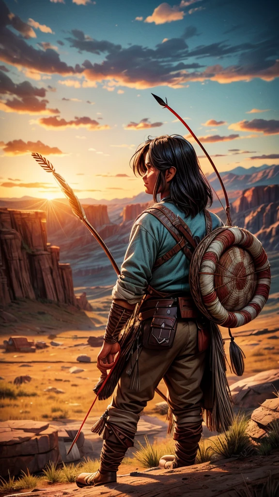 a native american archer in the wilderness, aiming bow and arrow at prey, wild west era, realistic, photorealistic, 8k, highly detailed, dramatic lighting, cinematic, warm color tones, dramatic composition, rugged landscape, dramatic sky, epic scale