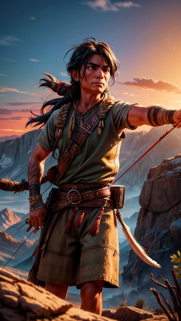 a native american archer in the wilderness, aiming bow and arrow at prey, wild west era, realistic, photorealistic, 8k, highly detailed, dramatic lighting, cinematic, warm color tones, dramatic composition, rugged landscape, dramatic sky, epic scale