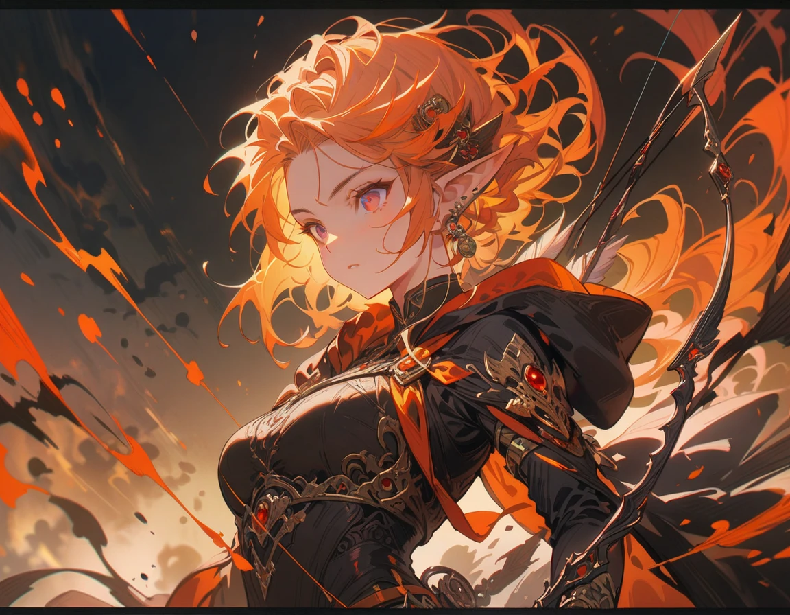 1girl, dark elf, kyuudou, large breasts, hooded cloak, bow and arrow, highly detailed, intricate, fantasy, dark mood, (best quality,4K,8K,highres,masterpiece:1.2),ultra-detailed,Elf female archer holding a bow and arrow,Bow drawing action