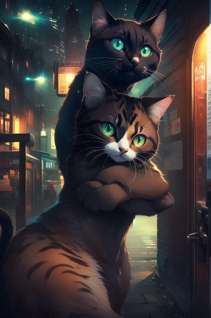 (2の猫:1.3), (2:1.3), ((Black and brown eyed cat)), ((Ginger green eyed cat)), (Embrace:1.2), Great atmosphere, Cute atmosphere, Magic Dust
