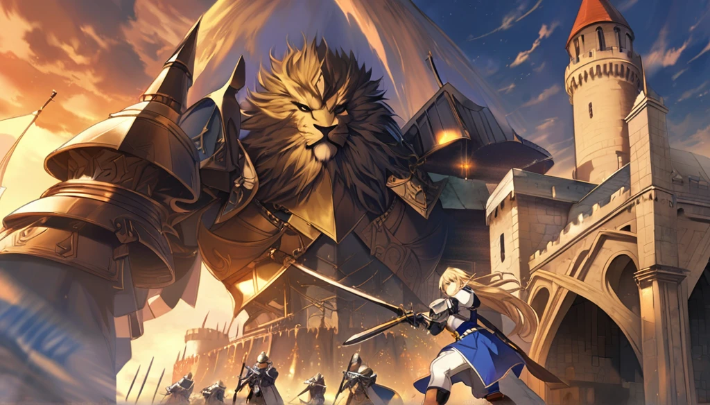 ((Anime Infinite Stratos Art)), The theme is action. It's daytime, 3pm. The theme is action. It's daytime, 3pm. The setting is the interior of a large medieval castle, European style, very detailed, there is a battle of knights taking place outside the castle. The focus of the scene is a Holy Knight, Agrias from Final Fantasy Tactics, short stature, long bright blonde hair, beautiful brown eyes, wonderful, imposing face, carrying in her left hand by the handle a great legendary sword inspired by Final Fantasy, wearing armor heavy with blue robe and Lionsguard crest inspired by Final Fantasy Tactics, imposing and serious demeanor, battle pose. The atmosphere is action and fantasy. Inspired by Final Fantasy Tactics.