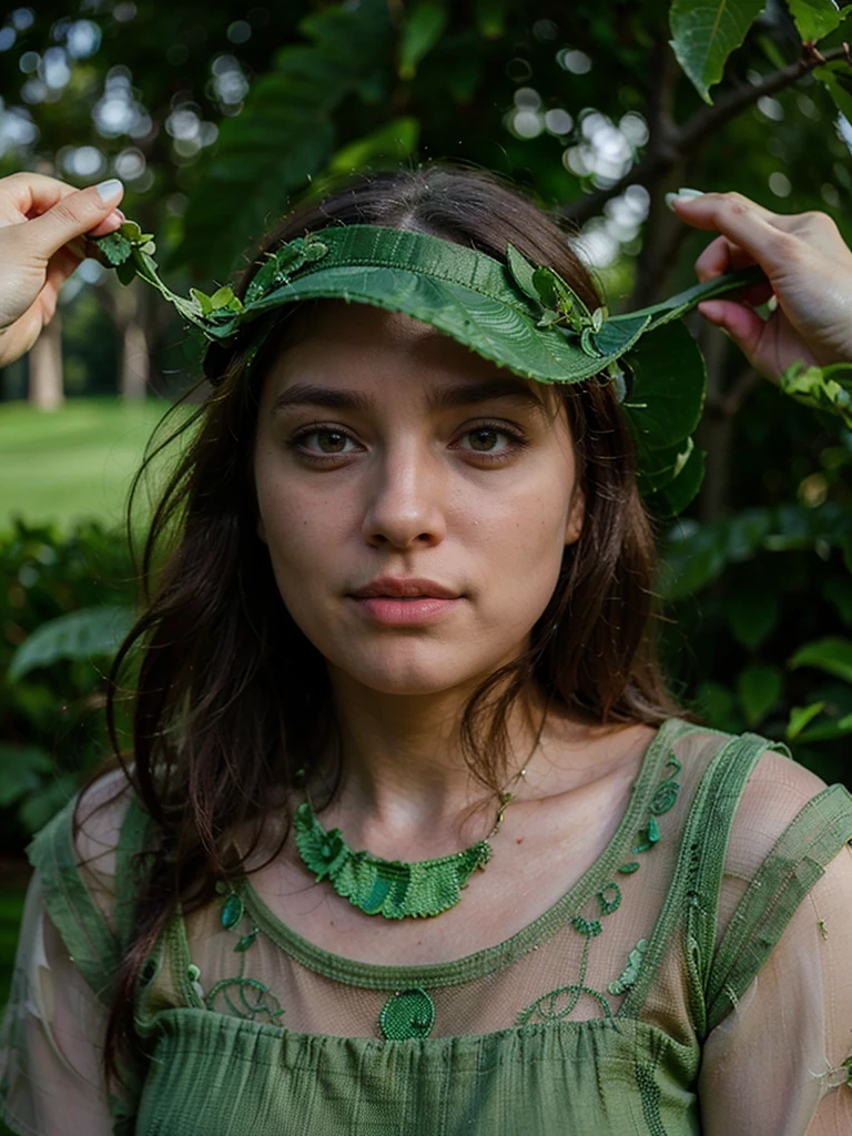 a woman wearing a green dress and a white visor playing golf, beautiful detailed eyes, beautiful detailed lips, extremely detailed eyes and face, long eyelashes, highly detailed, photorealistic, 8k, masterpiece, ultra-realistic, natural lighting, vibrant colors, lush greenery, dynamic composition, motion blur, shallow depth of field