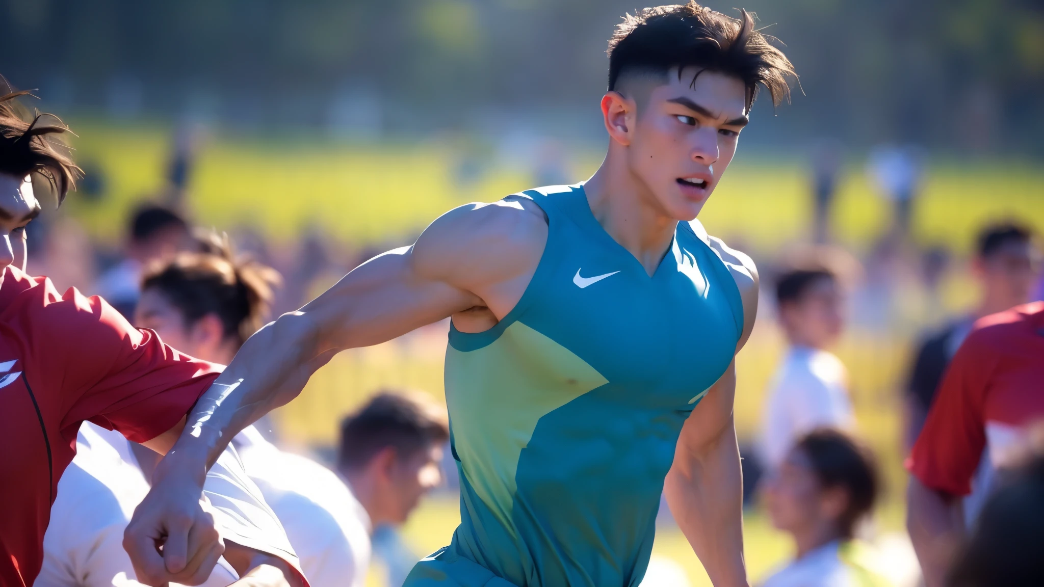 Strong male athlete, Wear high-end sportswear,Lifelike depiction, Sprint to the finish line,drenched all over the body,4K resolution. Field was packed with cheering crowds,detailedbackground,32k ULTRAHD, Best quality, Masterpiece, Super detail, High details information