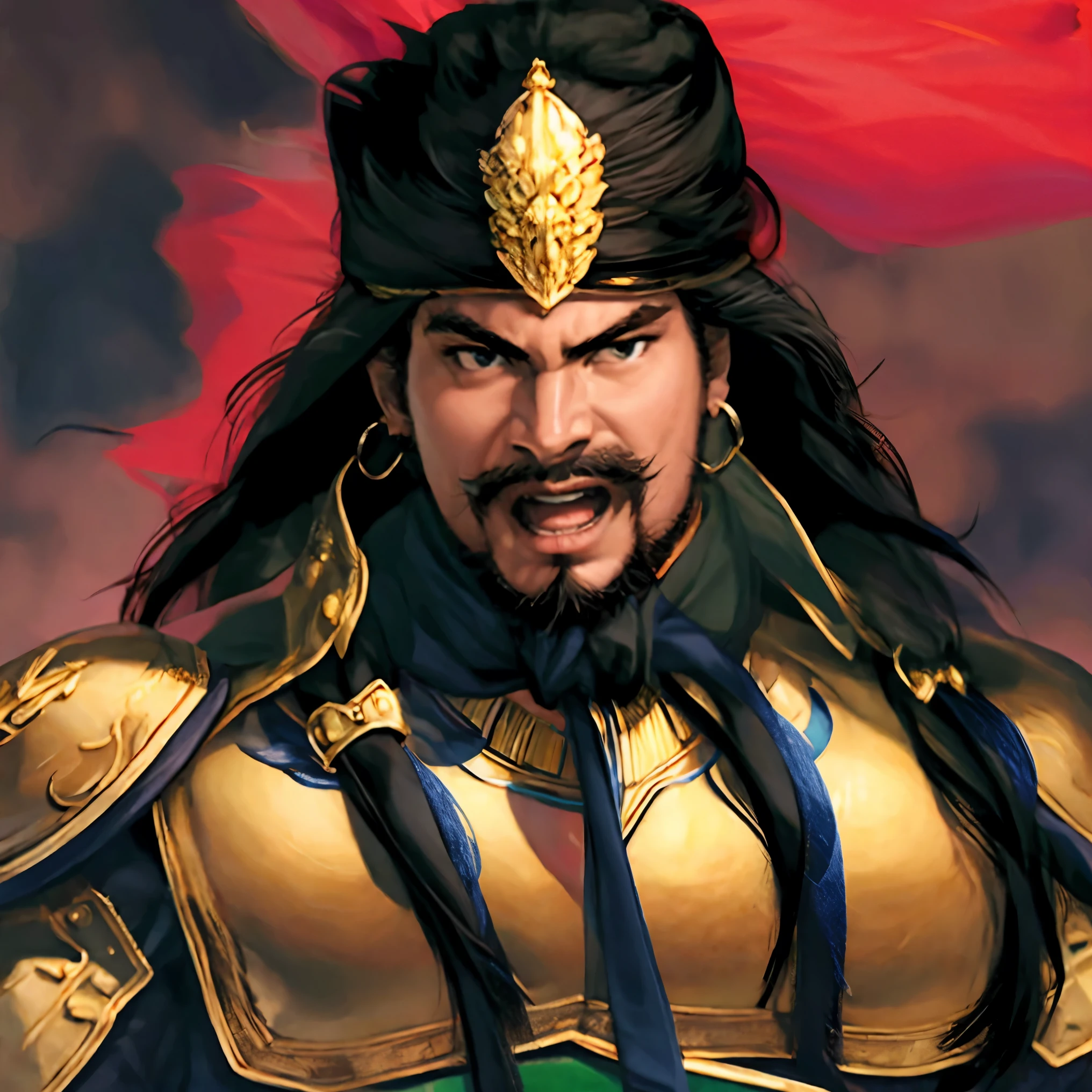 1man1.5, masterpiece, best quality, best detail, best anatomy, best face, upper body, face, sangokushi_nanman, naked, tattoe, ebony skin, shouting,