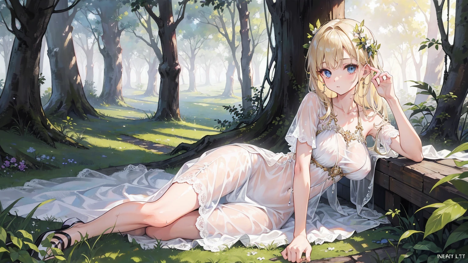 (masterpiece), (best quality), (detailed), Light Layer, 1 Solo Girl, Young girl in the forest, Sexy Sheer Colonial Dress, Perfect body, Blonde hair, Clear , Well-defined collarbone, surreal, lifelike, detailed, Perky transparent nipples, Wet clothes,