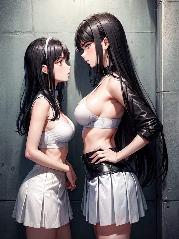 Two 18-year-old women,Black Hair,There is a height difference,White bra,A short white skirt underneath,Intimidating the opponent,Standing firmly facing each other,They are glaring at each other with their faces close together.,Wall,whole body