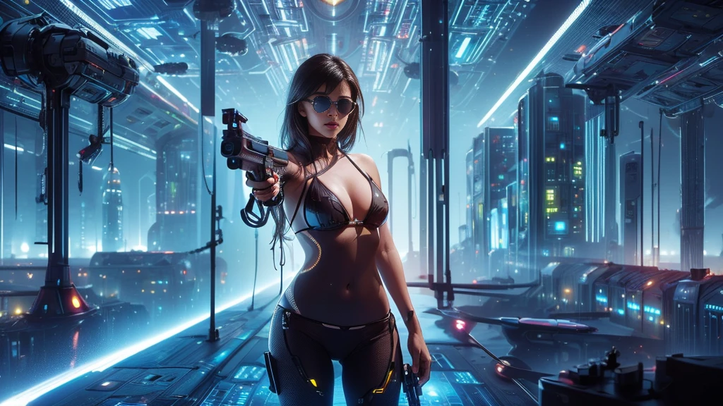 (((a medium-breast bikini slim GIRL with black (micro) sunglasses))), (((((aiming at viewer with a pistol))))), a balcony of a futuristic building, aerial view of an ultra-futuristic megalopolis, metal buildings and houses in dark colors from dark blue to black, shades of metal gray, smoky metal structures, industrial environment with smoke and fog around, dark cars on the streets, desert megalopolis, modern metal rails and trains passing through, tall futuristic metal buildings, ultra modern buildings, (((((futuristic space station))))), realistic, detailed, sci-fi.