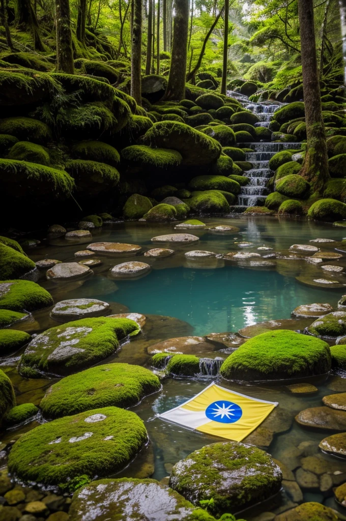 Best Quality, Masterpiece, super high resolution, A Colombian Flag submerged in hot springs in Japan., outdoor hot springs, stone hot springs, surrounded by moss and trees