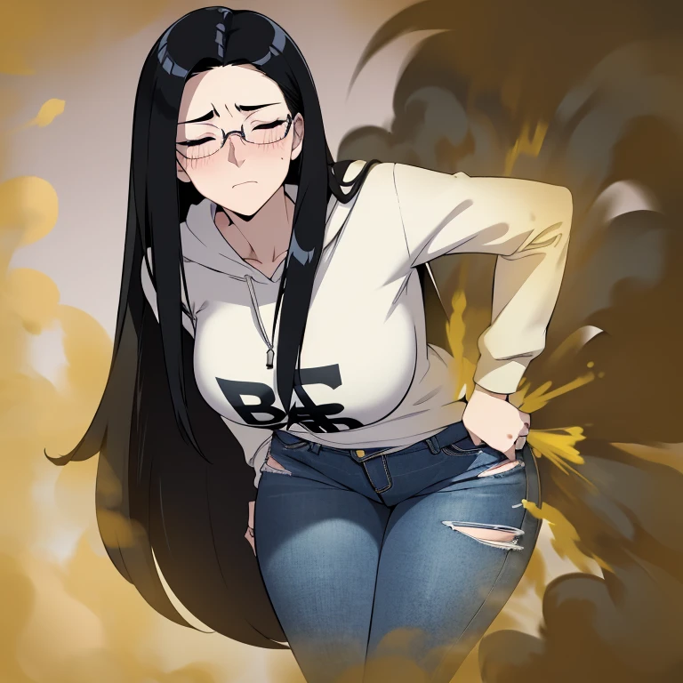 solo,1female,((black hair, long hair, hair swept to sides, smart looking hair, boyish hair)),pale skin ,glasses, hoodie tshirt, blue jeans, thin body, tall and skinny, massive fart, yellow smoke rising, relieved face, relief, closed eyes, climax, climax face, 'blush, bend over, alone in park