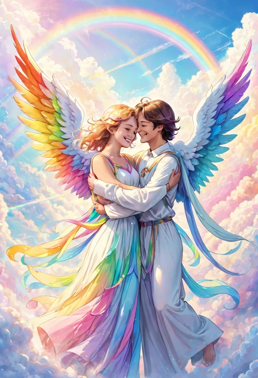 Beautiful male angel and beautiful female angel with rainbow colored wings in pastel colors are smiling and hugging, joy, in front of the white big gates of heaven, above the clouds, on the earth