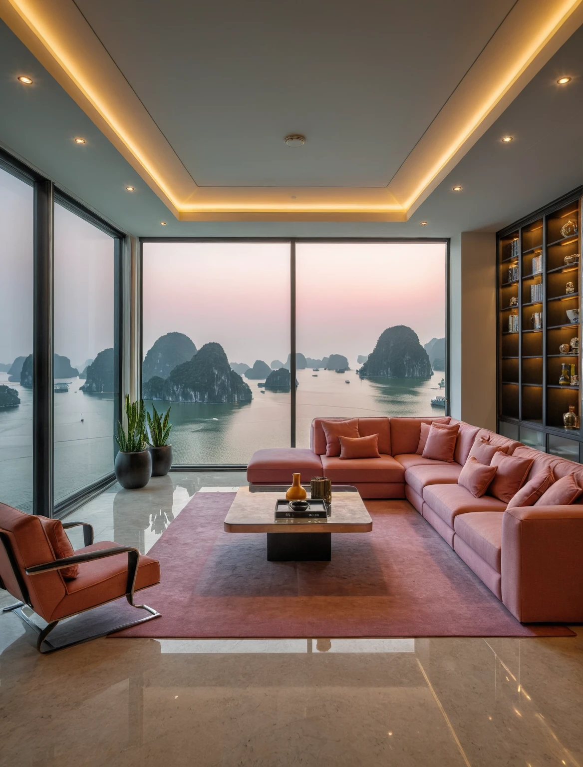 Raw photo,Masterpiece, high quality, best quality, authentic, super detail, interior, livingroom style modern luxury , sunset, evening light, sofa, tea table, carpet, flower vase on tea table, wine bottle, tray, armchair, wine cabinet, books, glass cabinet doors, snake plant pot, downlight, windows overlooking the sunset halong bay, (((black and pink tones))), floor tones black