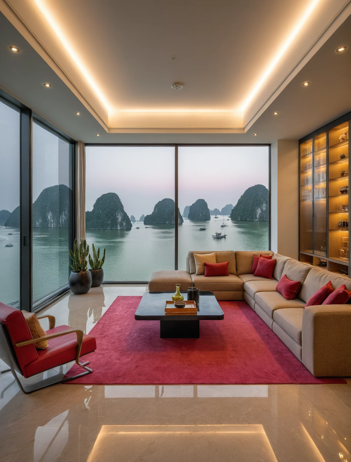 Raw photo,Masterpiece, high quality, best quality, authentic, super detail, interior, livingroom style modern luxury , sunset, evening light, sofa, tea table, carpet, flower vase on tea table, wine bottle, tray, armchair, wine cabinet, books, glass cabinet doors, snake plant pot, downlight, windows overlooking the sunset halong bay, (((black and pink tones))), floor tones black