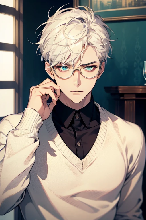 ((Masterpiece, Highest Quality)), Detailed Face, male, white sweater, turquoise eyes, (((Top Quality))), Short hair, Shaved whiskey,Spits, white colored hair, Stylish glasses