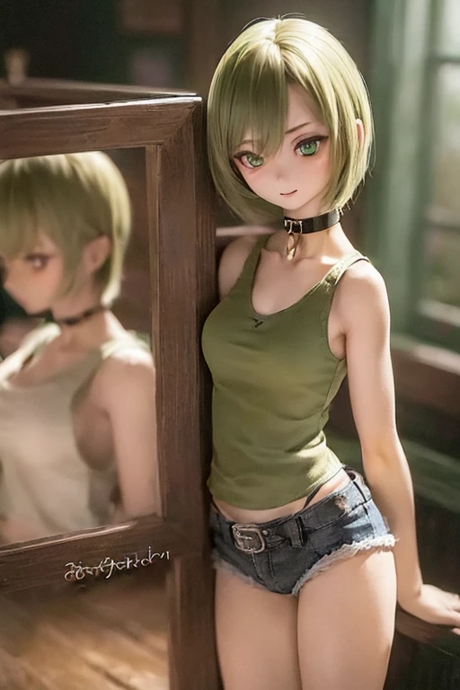 (SFW:2), photorealistic, realistic photo, ((highest quality)), ((masterpiece)), (extremely detailed), kukolnydom, doll, (mature woman, 22yo, 22 years old:1.6), solo, ((cowboy shot, dramatic pose)), (skinny, slender, slim, light smile, parted lips), green eyes, brown hair, (looking at another, gradient eyes, shining eyes, detailed eyes, detailed face, tank top, hot pants, choker:1.3), room, 8k