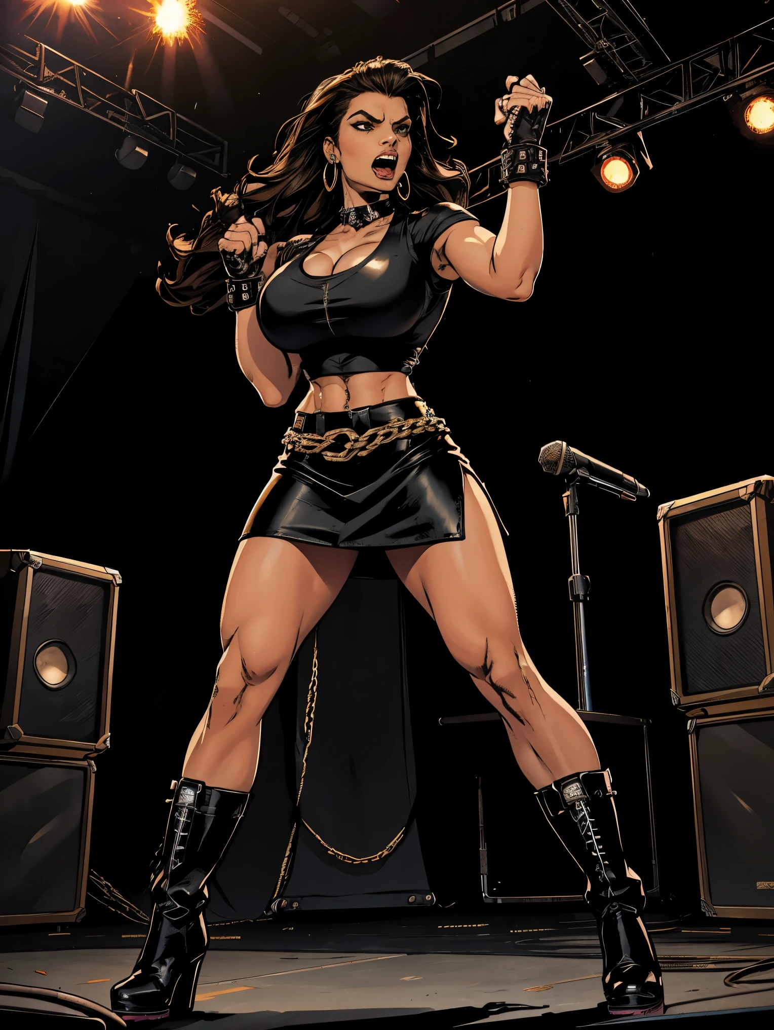 Extremely busty thin and toned brunette death metal singer, college girl, fair skin, big hair, hair pulled back, soft face, athletic, heavy makeup, piercings, black leather, studs, tight black top, boots, fingerless gloves, tight skirt, chains. standing on a stage, pyrotechnics, holding a microphone, metal concert. (microphone, fist in the sky), angry, rage, screaming. Heavy metal. Death metal. Explosions, fire.