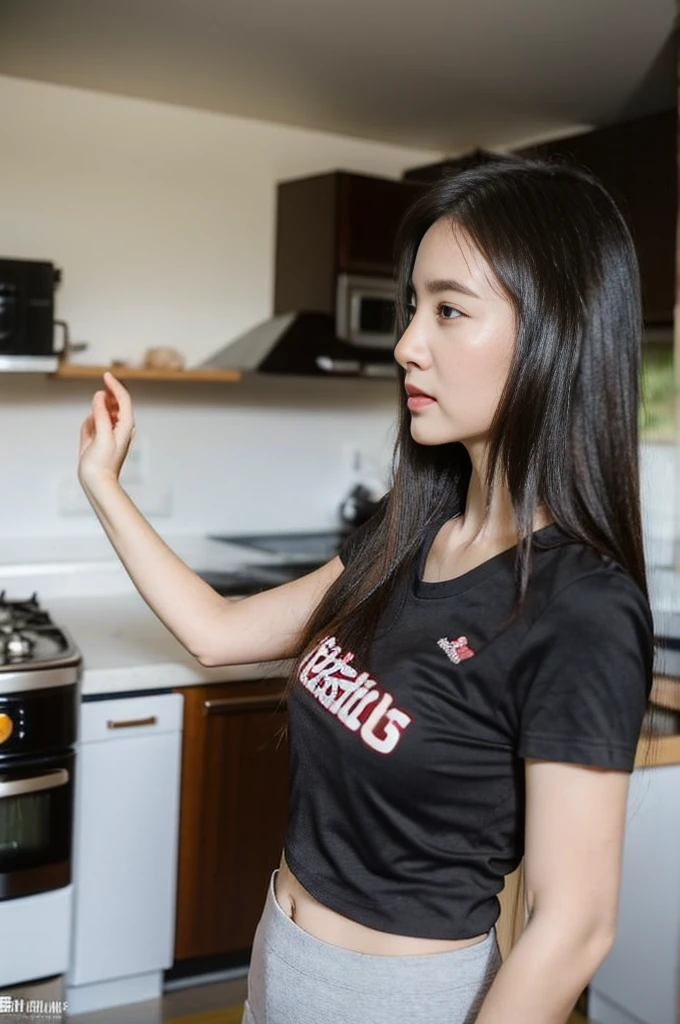 A beautiful female student wearing a university shirt and underwear is standing in the kitchen boiling instant noodles.,kitchen,realistically,realistic,side view
