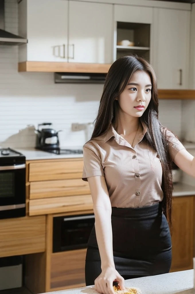 A beautiful female student wearing a university shirt and underwear is standing in the kitchen boiling instant noodles.,kitchen,realistically,realistic,side view