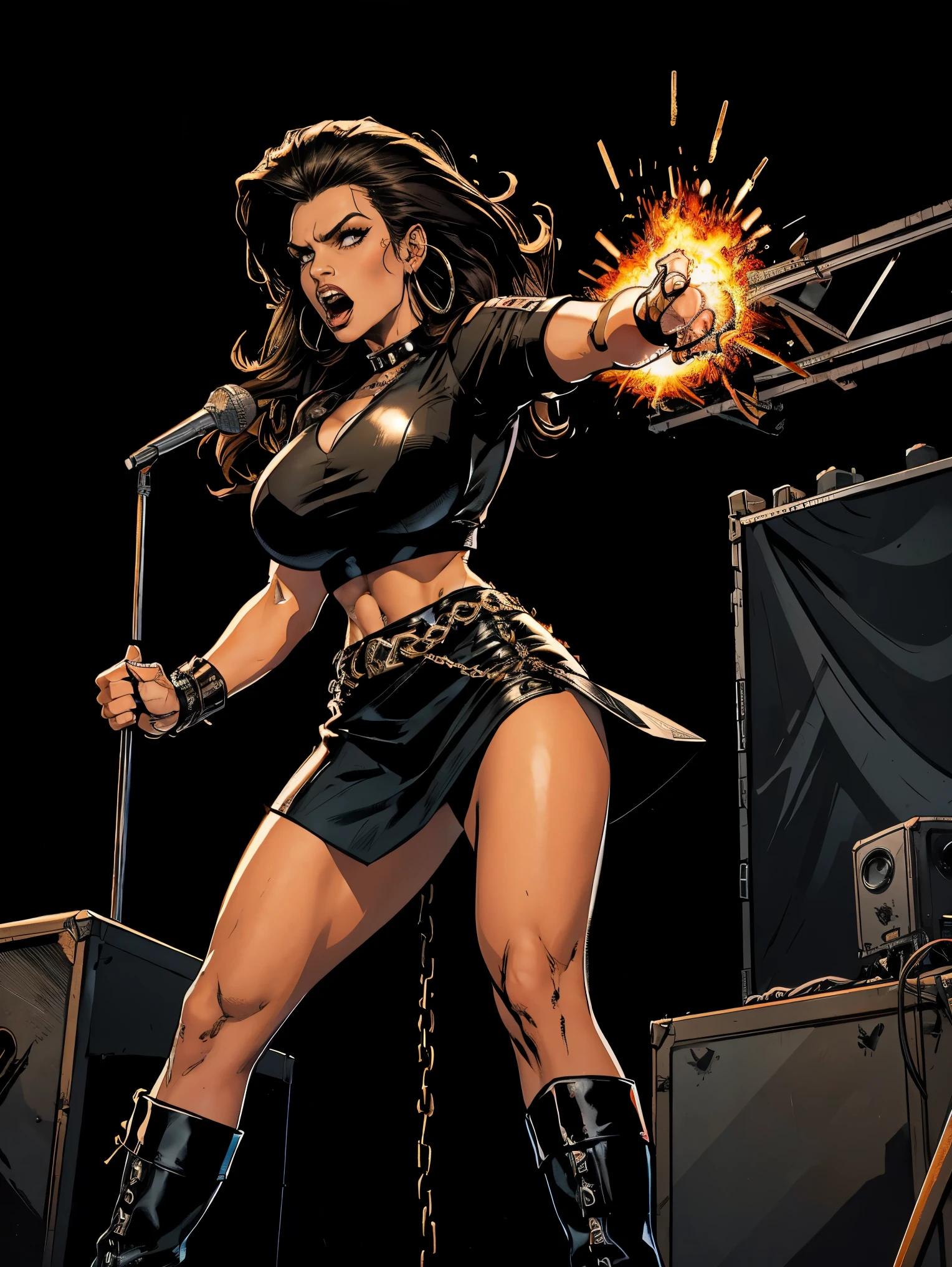 Extremely busty thin and toned brunette death metal singer, college girl, fair skin, big hair, hair pulled back, soft face, athletic, heavy makeup, piercings, black leather, studs, tight black top, boots, fingerless gloves, tight skirt, chains. standing on a stage, pyrotechnics, holding a microphone, metal concert. (microphone, fist in the sky), angry, rage, screaming. Heavy metal. Death metal. Explosions, fire.