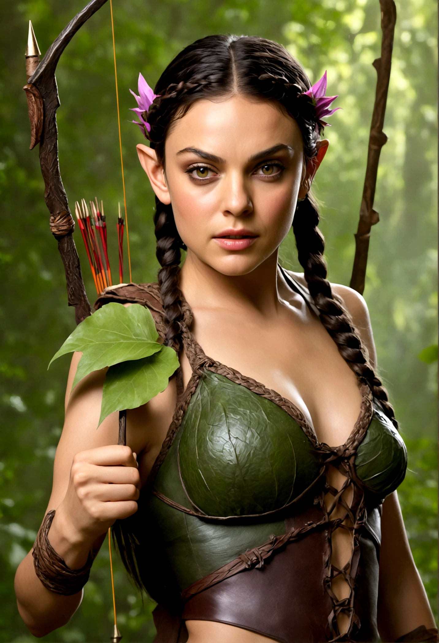 A beautiful young woman (Mila Kunis 25) with piercing eyes, delicate features, and waist length flowing dark hair with colorful flowers braided in, playing an elf in a naturalistic forest setting, wearing a fig leaf bikini and wielding a handcrafted bow and crude natural arrows, firing at goblin-shaped targets hanging from the trees, masterpiece, ultra-detailed, hyper-realistic, dramatic lighting, vivid colors, cinematic composition
