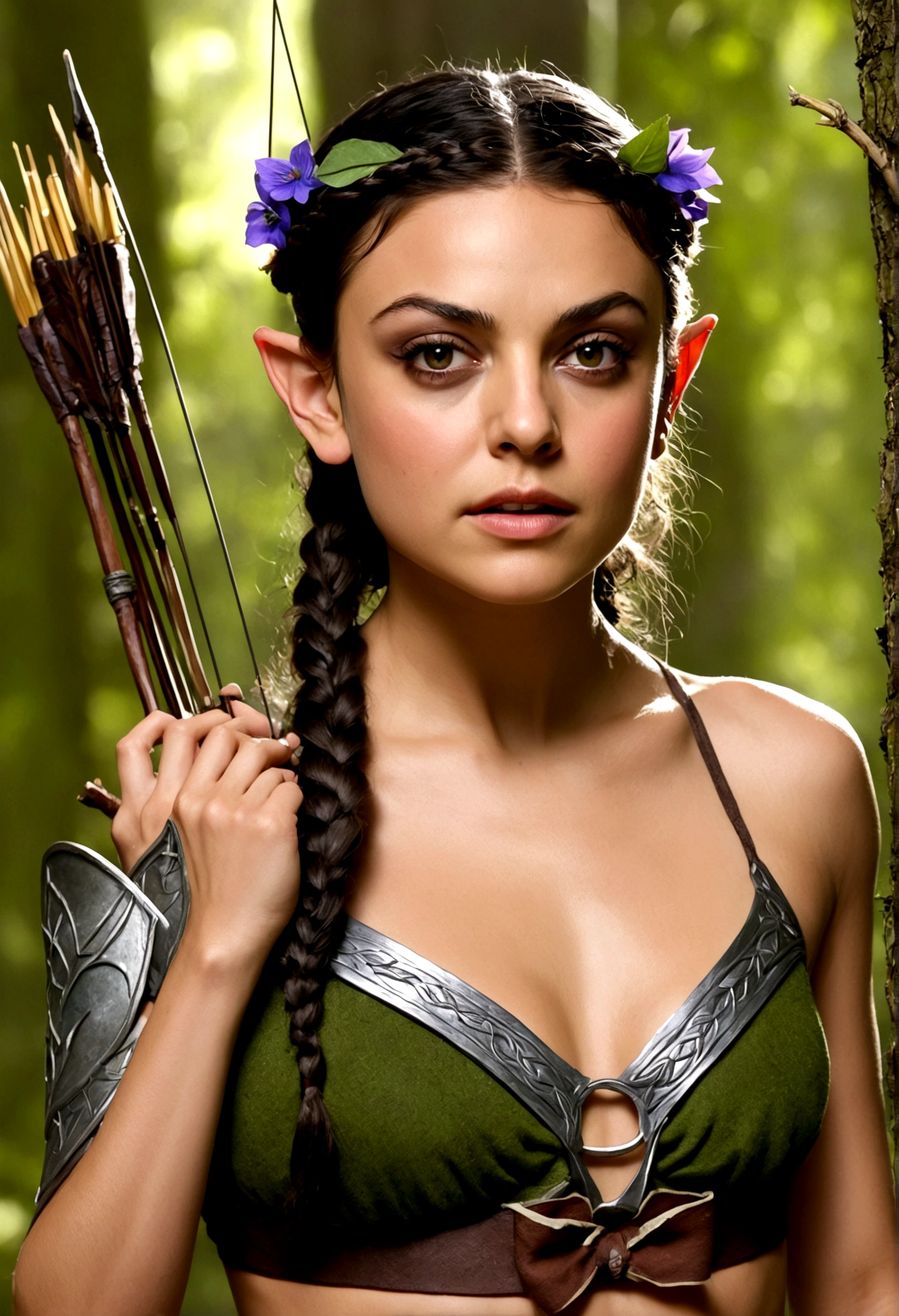 A beautiful young woman (Mila Kunis 25) with piercing eyes, delicate features, and waist length flowing dark hair with colorful flowers braided in, playing an elf in a naturalistic forest setting, wearing a fig leaf bikini and wielding a handcrafted bow and crude natural arrows, firing at goblin-shaped targets hanging from the trees, masterpiece, ultra-detailed, hyper-realistic, dramatic lighting, vivid colors, cinematic composition