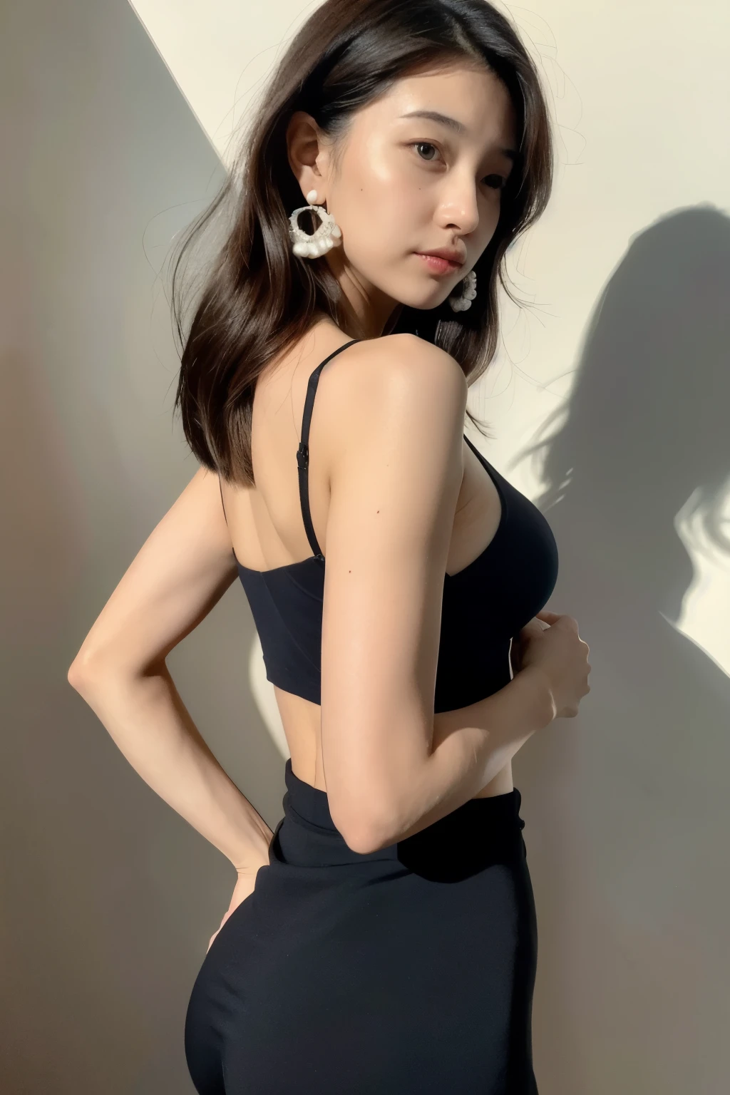 Dark brown shoulder-length hair、Light brown eyes、Japanese actress、Lady、I am about 30 years old.、(Private NTR Private Category Detail Private L:1.2)、(top-qual私ty:1.4)、 (Ultra-high resolution:1.2)、Ultra-high resolution、(Eye for detail)、(Detailed facial features)、Hmph、8K resolut私on, Face: Looking straight ahead、Body facing forward,The photo shows her waist up.,The background is a stylish designer apartment,The skin is hidden、Black One Piece、 Fashion,Realistic Skin、Attention to detail, Very detailed, Realistic,Simple pearl earrings,