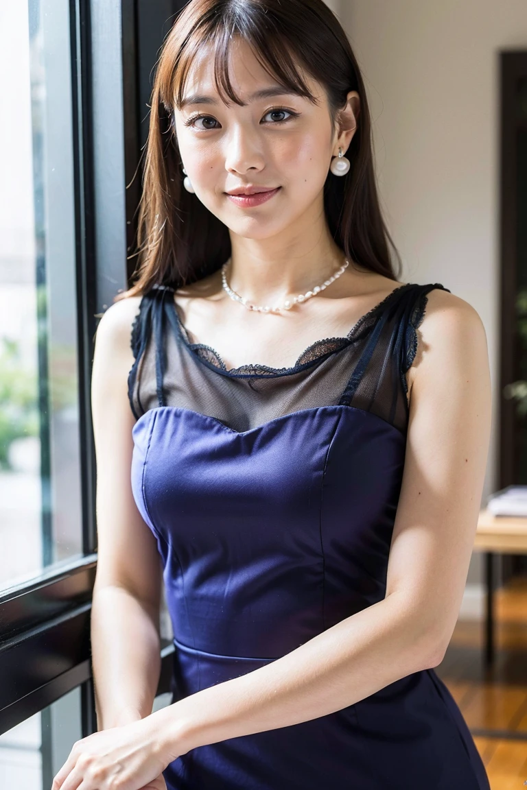 ((8K、High resolution、Highest quality、High resolution)))、alone、Natural body shape、White skin、Natural Makeup、((Hime cut))、((purple dress))、(Pearl Necklace、Pearl Earrings)、Looking into the camera、bangs、Head to shin portrait、(Thighs)、smile