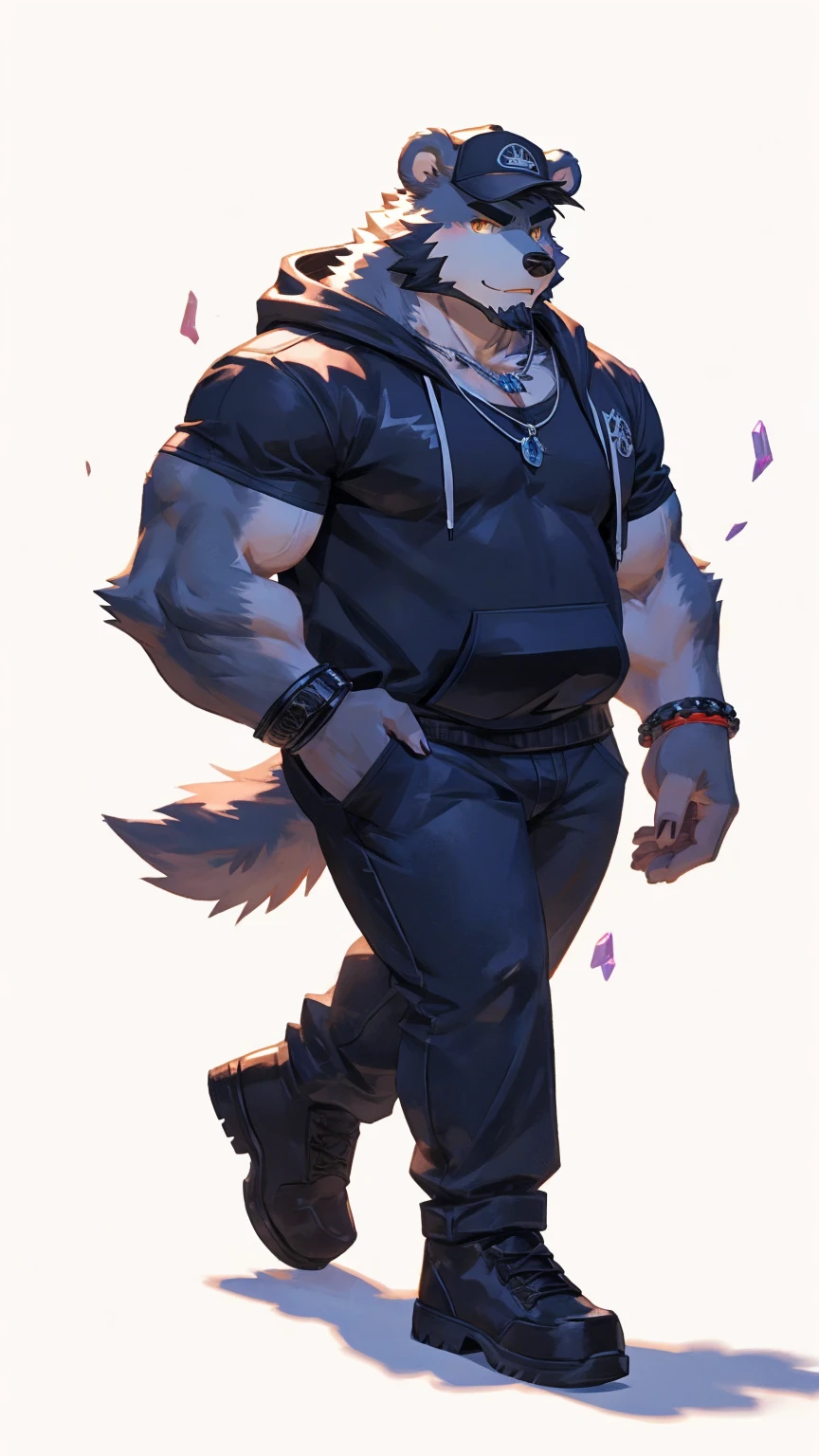 (masterpiece:1.2), best quality,pixiv,official art,perfect anatomy, (Ray tracing, light),solo, (1_male:1.3) , (muscle), (grey fur:1.4), (muscle bear), (beard:1.2), (gleaming golden eyes), bear tail, full body, Thick black eyebrows, baseball cap, (open short hoodie), (naked inside),Ripped short jeans, black short boots, (pure white background: 1.3),small crystal necklace ,one leather bracelet
