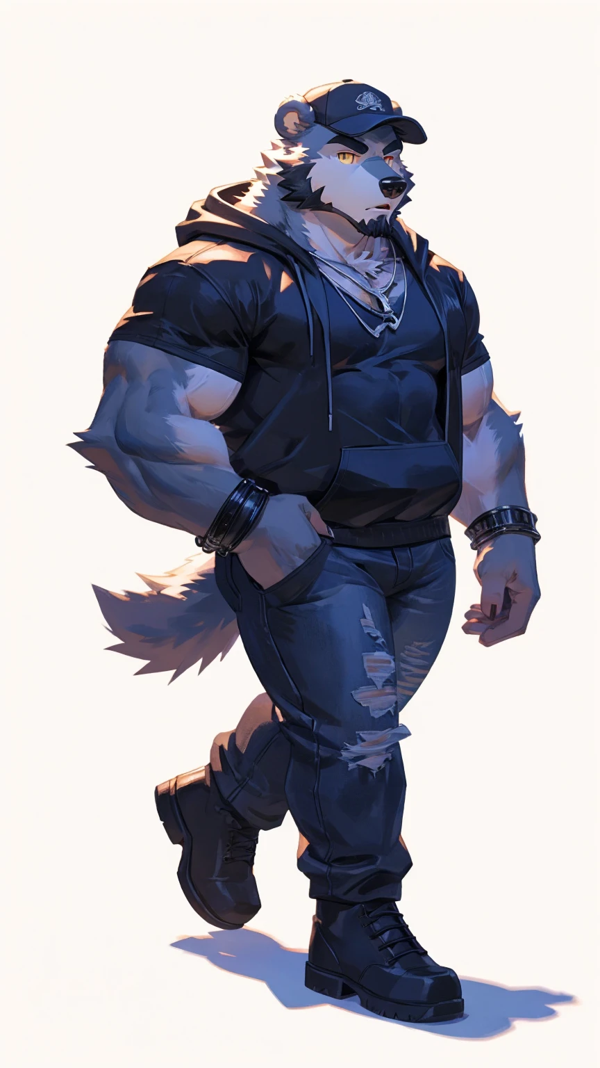 (masterpiece:1.2), best quality,pixiv,official art,perfect anatomy, (Ray tracing, light),solo, (1_male:1.3) , (muscle), (grey fur:1.4), (muscle bear), (beard:1.2), (gleaming golden eyes), bear tail, full body, Thick black eyebrows, baseball cap, (open short hoodie), (naked inside),Ripped short jeans, black short boots, (pure white background: 1.3),small crystal necklace ,one leather bracelet