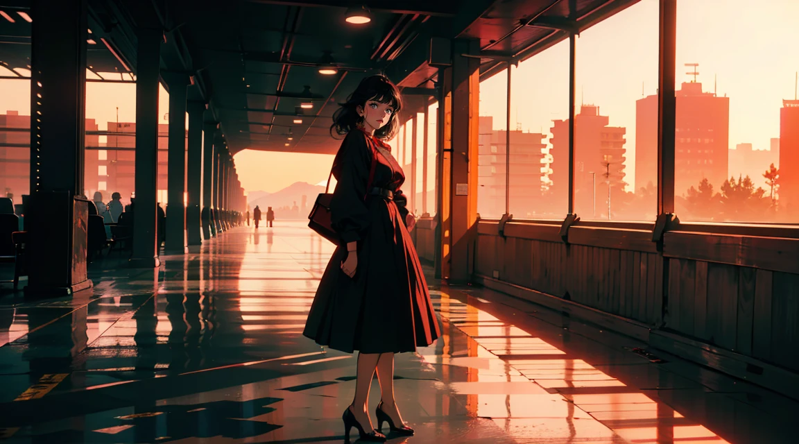 New modern airport, Sit while the plane is flying,waiting, It has a nice atmosphere, Adult women, Trunk Case ,Perfect Face, A melancholic look, (Backlight: 1.1), A scene from a movie, Soft Shadows, masterpiece, Highest quality, Complex, Model shooting style, Film Grain, Wide Shot、Red lipstick