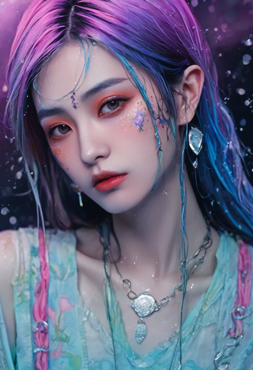 An ethereal sultryseductivedemonic 20 year old anime male druid with metallic long hair and tattoos, delicate masterpiece intimate glowing neon tattoos, anime druid demon male hellscape at night, manga inspired by Masashi Wakui, rainbow color palette, atmospheric fog, decay, worn textures, rain-soaked fantasy village, manga-style illustration --s 150 --ar 1:2 --c 5 Removed From Image