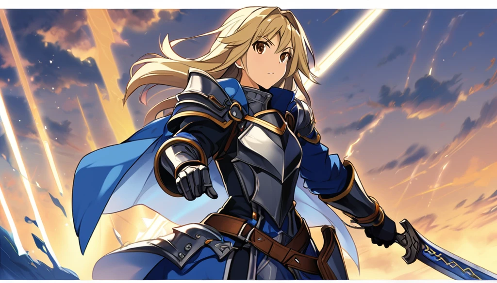 ((Anime Infinite Stratos Art, inspirado em Final Fantasy Tactics)), The theme is action.  It's daytime, 3pm.  The theme is action.  It's daytime, 3pm.  The setting is the interior of a large medieval castle, European style, very detailed, there is a battle of knights taking place outside the castle.  The focus of the scene is a Holy Knight, Agrias from Final Fantasy Tactics, short stature, long bright blonde hair, beautiful brown eyes, wonderful, imposing face, carrying in her left hand by the handle a great legendary sword inspired by Final Fantasy, wearing armor heavy with blue robe and Lionsguard crest inspired by Final Fantasy Tactics, imposing and serious demeanor, battle pose.  The atmosphere is action and fantasy.