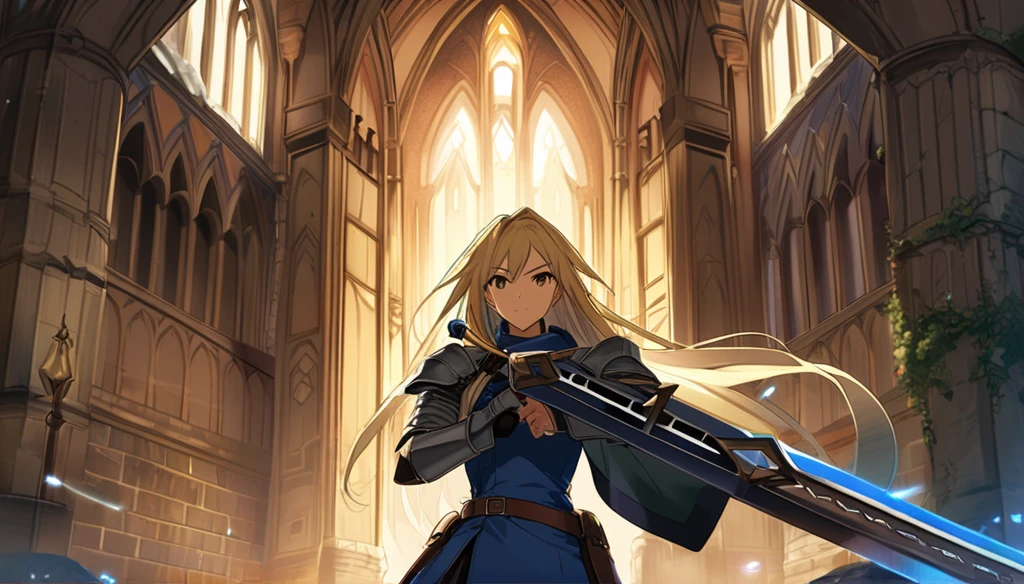((Anime Infinite Stratos Art, inspirado em Final Fantasy Tactics)), The theme is action.  It's daytime, 3pm.  The theme is action.  It's daytime, 3pm.  The setting is the interior of a large medieval castle, European style, very detailed, there is a battle of knights taking place outside the castle.  The focus of the scene is a Holy Knight, Agrias from Final Fantasy Tactics, short stature, long bright blonde hair, beautiful brown eyes, wonderful, imposing face, carrying in her left hand by the handle a great legendary sword inspired by Final Fantasy, wearing armor heavy with blue robe and Lionsguard crest inspired by Final Fantasy Tactics, imposing and serious demeanor, battle pose.  The atmosphere is action and fantasy.