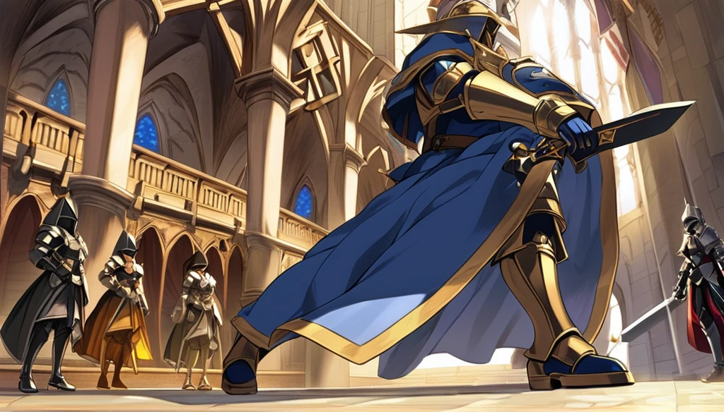 ((Anime Infinite Stratos Art, inspirado em Final Fantasy Tactics)), The theme is action. It's daytime, 3pm. The theme is action. It's daytime, 3pm. The setting is the interior of a large medieval castle, European style, very detailed, there is a battle of knights taking place outside the castle. The focus of the scene is a Holy Knight, Agrias from Final Fantasy Tactics, short stature, long bright blonde hair, beautiful brown eyes, wonderful, imposing face, carrying in her left hand by the handle a great legendary sword inspired by Final Fantasy, wearing armor heavy with blue robe and Lionsguard crest inspired by Final Fantasy Tactics, imposing and serious demeanor, battle pose. The atmosphere is action and fantasy.