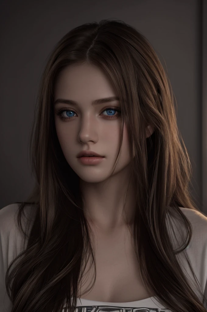 Best quality, masterpiece, ultra high res, (photorealistic:1.37), raw photo, 1girl, long hair, beautifull eyes, beautifull face, detailed eyes and face, t-shirt, dynamic lighting, in the dark, deep shadow, low key, cowboy shot