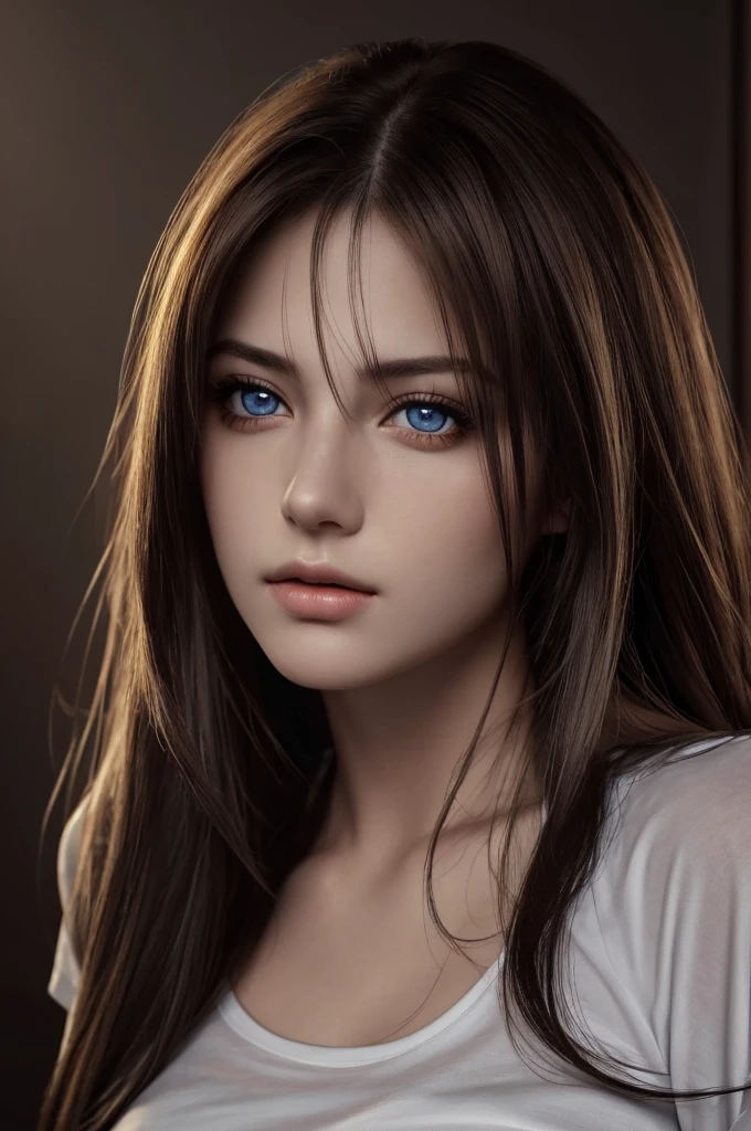 Best quality, masterpiece, ultra high res, (photorealistic:1.37), raw photo, 1girl, long hair, beautifull eyes, beautifull face, detailed eyes and face, t-shirt, dynamic lighting, in the dark, deep shadow, low key, cowboy shot