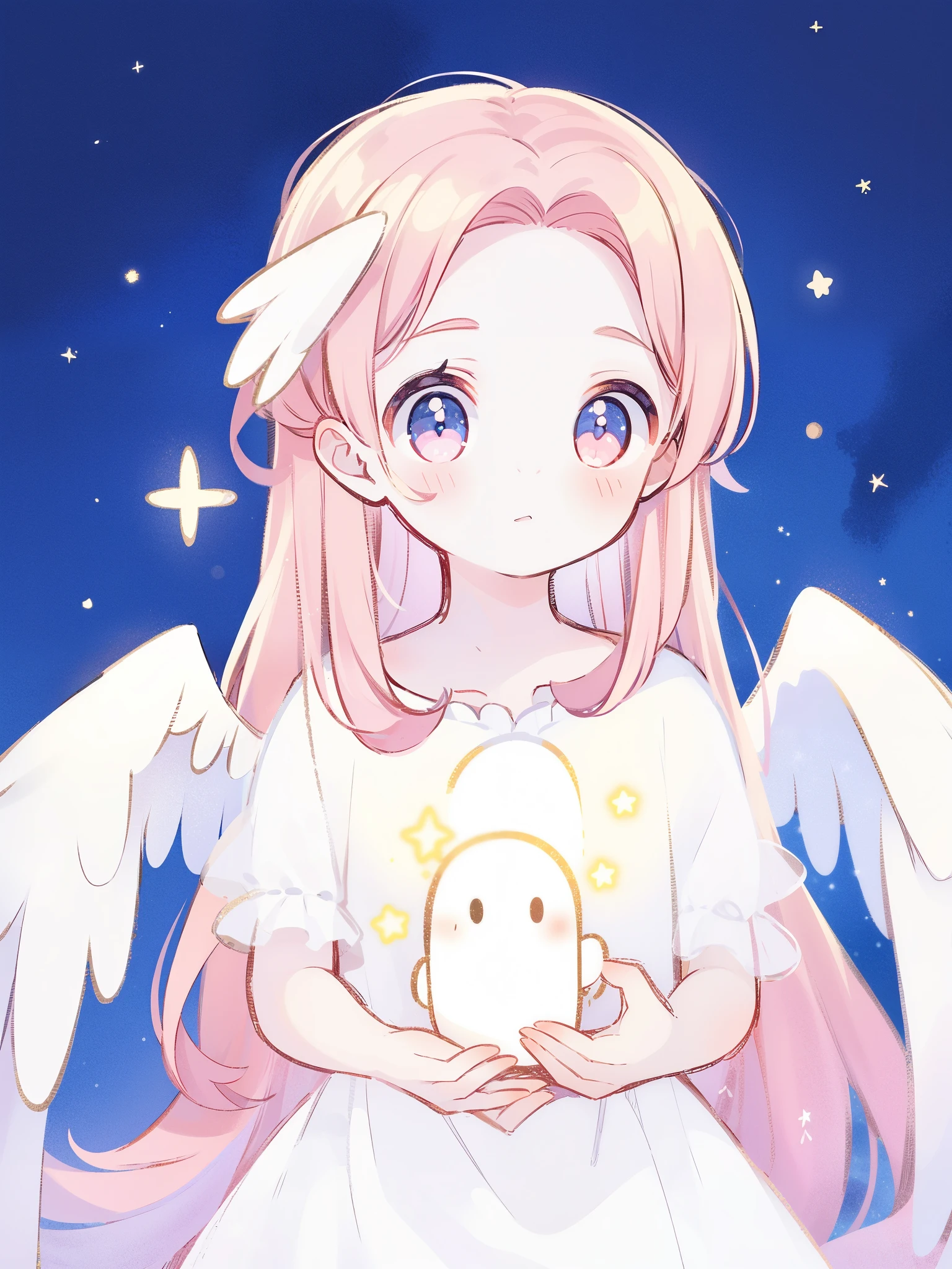 angel girl wearing an ethereal translucent dress, pale skin and light pink hair, white feathers, angel wings, sparkling detailed eyes, golden ratio face, perfect composition, highly detailed, ethereal, (starry night sky background), midjourney style