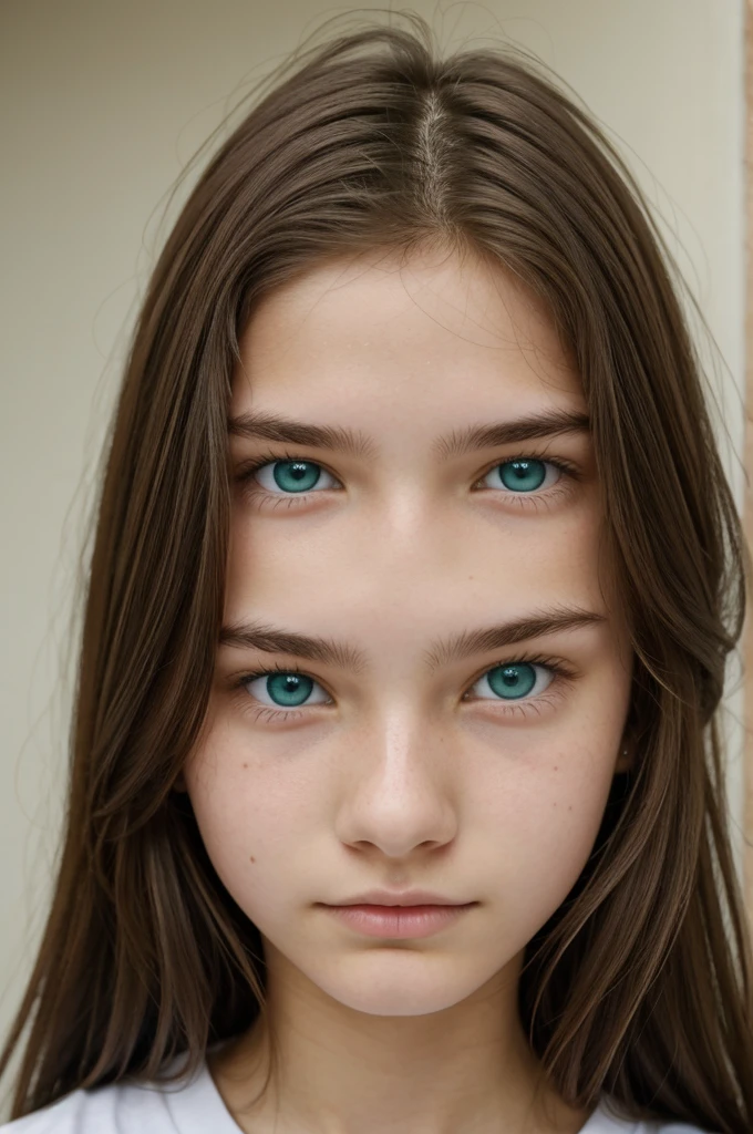 , White skin, blue green eyes, parts, mole under left eye, Brown hair 