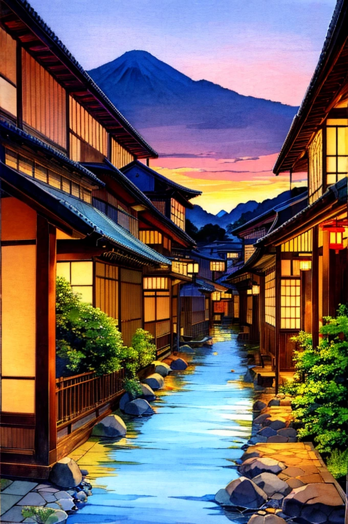 Old-fashioned Japanese townscape in summer、Nostalgic、watercolor
