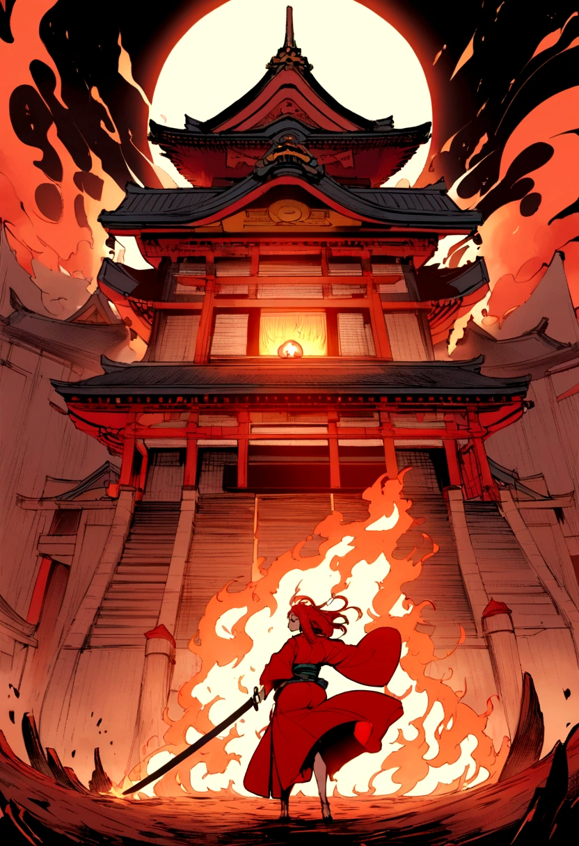 The background is a temple in the Japan that is in flames.、midnight、red hairs、Woman in white kimono holding Japan sword、Women are also burning